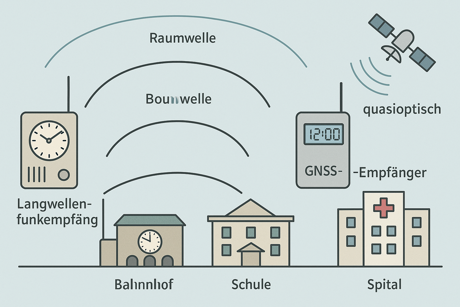 Langwellenfunkempfnger GNSSEmpfnger Grafik Ausbreitung von Funkwellen Bodenwelle Raumwelle quasioptisch mit Analoguhr Digitaluhr in Bahnhof Schule Spital-1