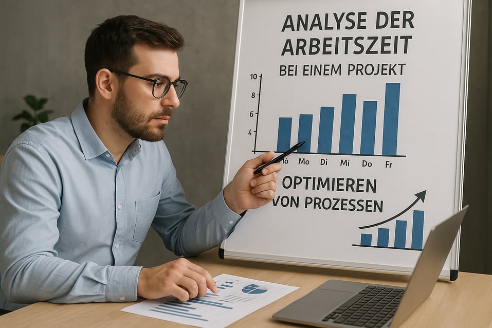 photographic Analyse der Arbeitszeit bei einem Projekt Optimieren von Prozessen Auf dem Bild sollte ein Mann sein der Daten analysiert Das geschriebe