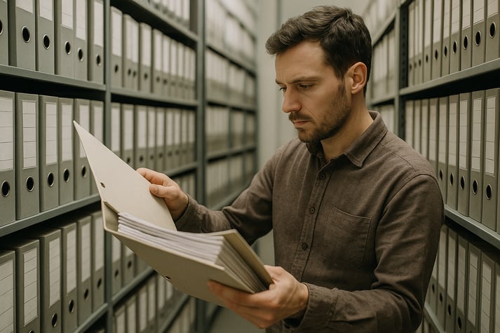photographic Mensch der im Archiv nach Daten in einem Ordner sucht
