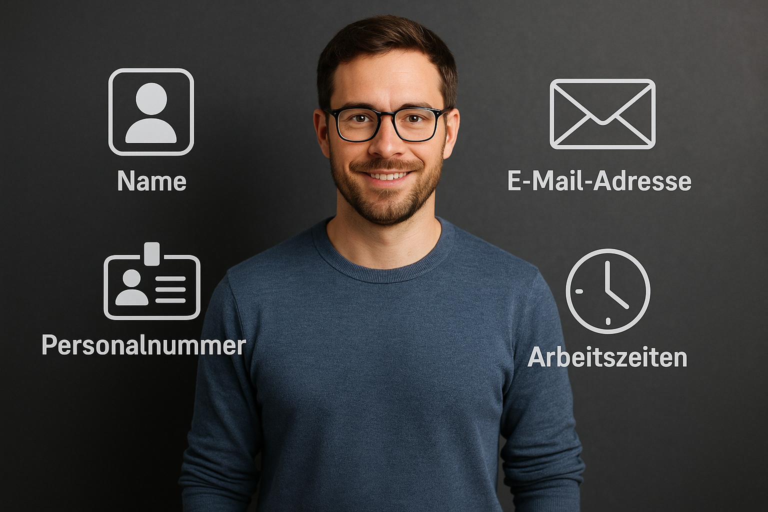 photographic Personenbezogene Daten wie Name Personalnummer EMail Adresse Arbeitszeiten Erstelle mir ein Bild mit einem Mensch und Icons-1