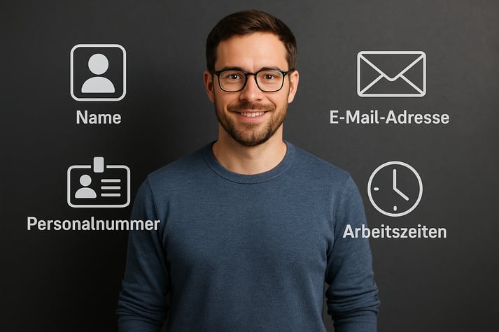 photographic Personenbezogene Daten wie Name Personalnummer EMail Adresse Arbeitszeiten Erstelle mir ein Bild mit einem Mensch und Icons-1