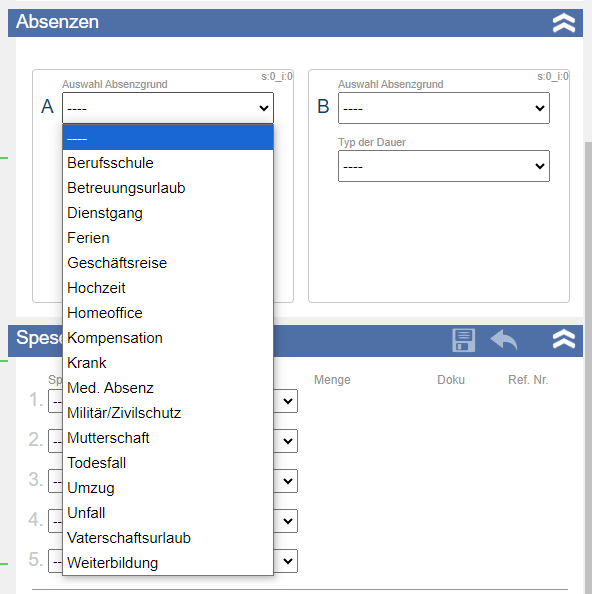 Bildschirmmaske Zeiterfassungssoftware Abwesenheitsgrund eintragen Mobatime